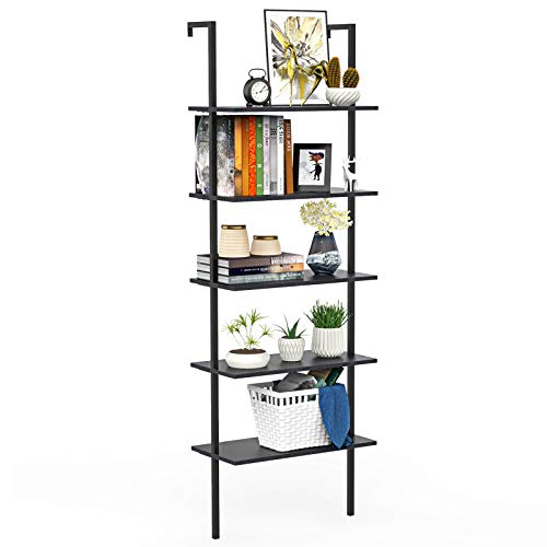Ladder Shelf Bookshelf, 5 Tier Wall-Mounted Industrial Ladder Bookcase Wood Look Plant Flower Storage Stand Organizer Utility Storage Rack for Living Room, Kitchen, Office (Black Walnut)