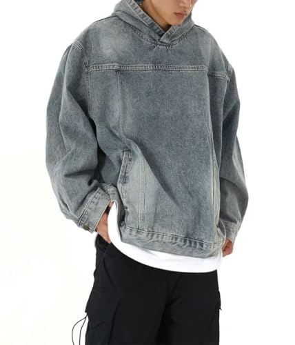 chouyatou Men's Casual Pullover Denim Jacket Vintage Distressed Jean Hoodie Jacket Oversized Sweatshirt Tops2