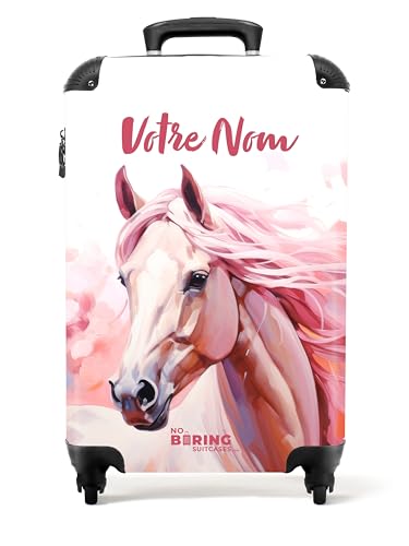 NoBoringSuitcases.com Valise Cabine Enfant Personnalisable - Roulette Pour Fille 55x35x25cm (Cheval - Rose Clair)