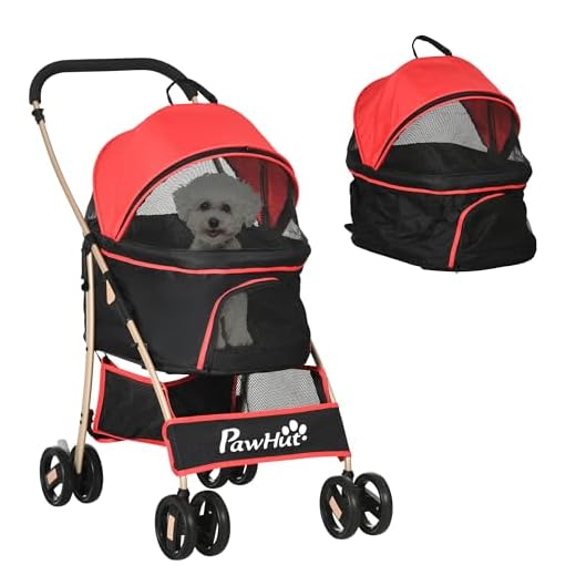 PawHut Passeggino per Cani 3 in 1 Pieghevole Convertibile in Borsa da Trasporto, Seggiolino Auto con 2 Guinzagli, Cuscino, Passeggino per Animali in Acciaio, Tessuto Oxford, 82x49.5x98cm, Rosso Nero