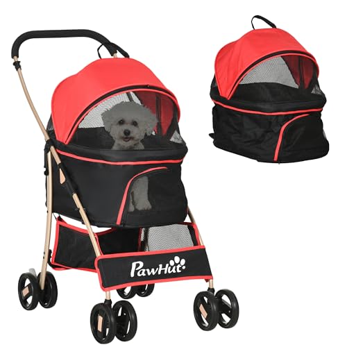 PawHut trolley para perros, trolley para perros 2 en 1, capazo, silla de paseo plegable para perros con cojín, trolley para perros pequeños, gatos, silla de paseo para gatos con 4 ruedas, ventana de