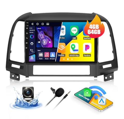 CAMECHO 4+64G Android 15 Autoradio pour Hyundai Santa Fe 2006-2012 avec Navigation, Carplay, Android Auto, Double DIN avec écran de 9 Pouces, Bluetooth 5.0,...