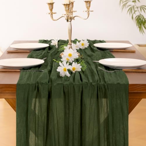 Image of Socomi Olive Green Spring Cheesecloth Table Runner Boho Rustic Gauze 120 inch 10FT Cheese Cloth Runner for Wedding Party Baby Shower Birthday Home Decor
