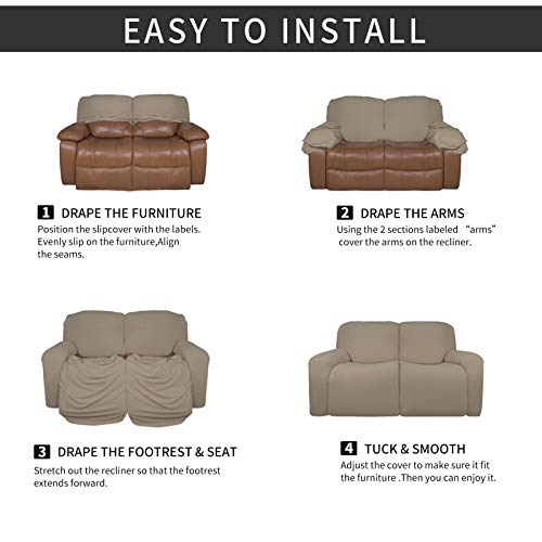 Image of Easy-Going 6 Pieces Microfiber Stretch Sectional Recliner Sofa Slipcover Soft Fitted Fleece 2 Seats Couch Cover Washable Furniture Protector with Elasticity for Kids(Recliner Loveseat, Natural)