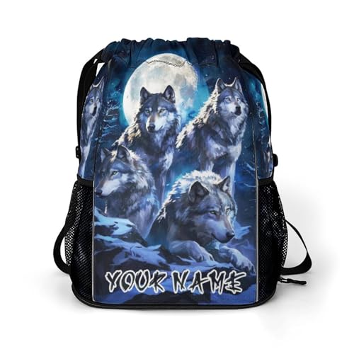Custom Wolf Drawstring Backpack - Cute Cinch Sack, String Backpacks with Pocket for Women Men Kids Boys Girls for Gym Outdoor Sports Travel Athletic Drawstring Bag - Lightweight/Foldable