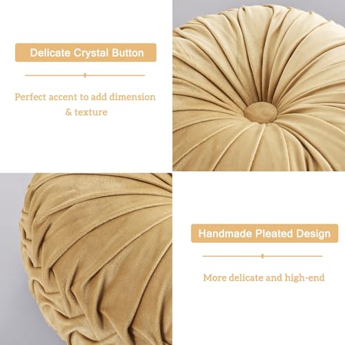 Image of HIG Set of 2 Decorative Round Pleated Throw Pillows,Classy Accent Pumpkin Throw Pillows with Center Button,Vintage Velvet Floor Pillows for Sofa Vanity Chair Bed,Apricot,14.5 inch Diameter(Ripple)