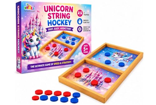 Image of BKDT Marketing Unicorn String Hockey Game for Kids & Family - Fast Sling Puck Board Game with 5 Red & 5 Blue Coins - Wooden Tabletop Indoor Outdoor Game - Birthday Return Gift for Boys Girls Age 5+