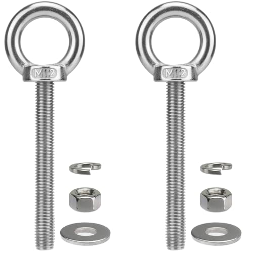 Image of M12 x 100mm Stainless Steel Eye Bolt with Nuts 2 Pack, 15 /32 inch x 4 inch Long Shoulder Lifting Ring Eye Bolt for Boat & Hanging, Heavy Duty Marine Grade Threaded Eyebolts for Tie Down Outdoor