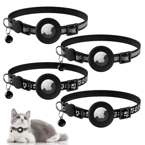 Airtag Cat Collar with Bell and Safety Closure, Reflective Cat Collar, Adjustable Size, Apple AirTag Protective Cover for Cats 4-PACK 02