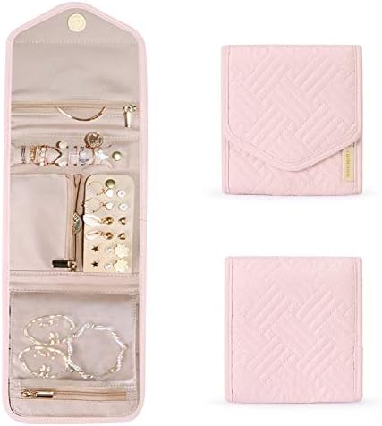 BAGSMART Travel Jewelry Organizer Case Foldable Jewelry Roll for Journey-Rings, Necklaces, Earrings, Bracelets,Mini,Light Pink