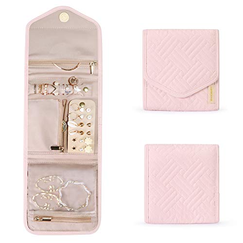 Image of BAGSMART Travel Jewelry Organizer Case Foldable Jewelry Roll,Light Pink | Small Travel Jewelry Organizer Case Foldable Small Jewelry Roll for Journey Rings, Necklaces, Earrings, Bracelets,Mini