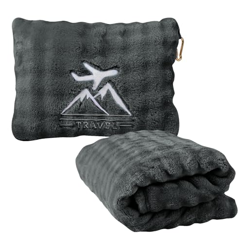 ZJRUIXI Travel Blanket and Pillow-2-in-1, Ultra-Soft&Compact, One-Piece Airplane Blanket with