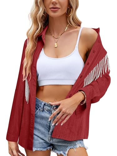 Image of MYMORE Womens Sparkly Fringe Shirt Western Cowgirl Country Concert Outfit