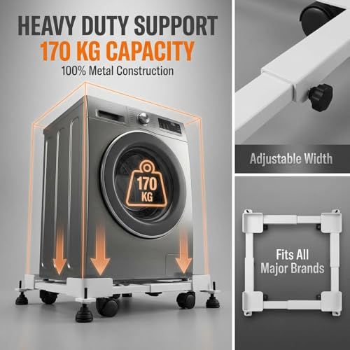 Image of Hipkoo Washing Machine Trolley for Fully and Semi Automatic, Front or Top Load, Fridge and Dishwasher Stand, Adjustable Metal and Wheels, Capacity 170Kg, White (Min:16.5 inchx19.5 inch, Max: 25.5 inchx32 inch)