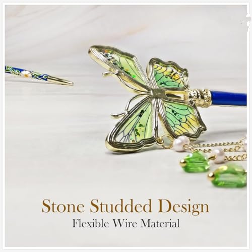 Image of HAIR WALA Decorative Butterfly Hair Juda Stick with Pearl Beads, Green and Gold Traditional Japanese Hair Pin, Floral Design