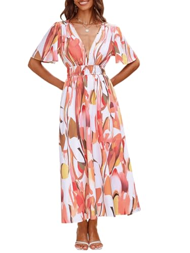 Image of Flessibili Womens Short Sleeve Floral Maxi Dresses 2026 Spring Wedding Guest Party Summer Dress Pink Watercolor X-Large