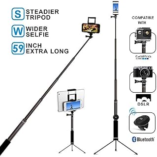 Bluetooth Selfie Stick with Tripod, Remote 59Inch MFW Extendable Monopod with Tripod St
