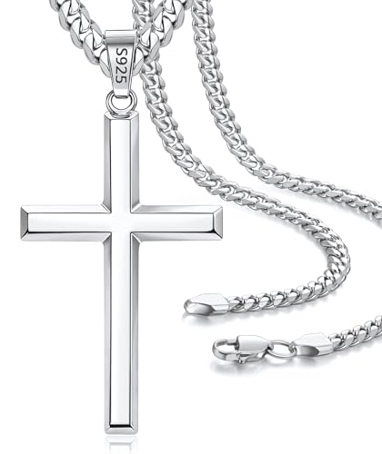 GEMAZE Cross Necklace for Men 925 Sterling Silver Cross Pendant with 5mm Stainless Steel Cuban Link Chain 20 Inch Gift for Men