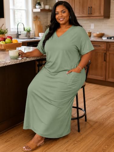 Image of Plus Size Maxi Dress for Women Short Sleeve V Neck Casual Loose Sundress with Pockets