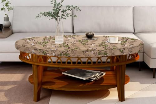Image of The Furnishing Tree Elastic Oval Center Table Cover WxL 16x36 in Inches Polyester Floral Pattern Beige