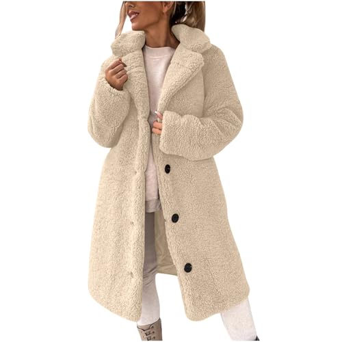 EMATOP Lang Teddyjacke Damen Warm Elegant Wintermantel Flauschig Bequem Fleecejacke Winter Einfarbige Teddy Jacke Mode Revers Winterjacke Lässige Langarm Plüschjacke...
