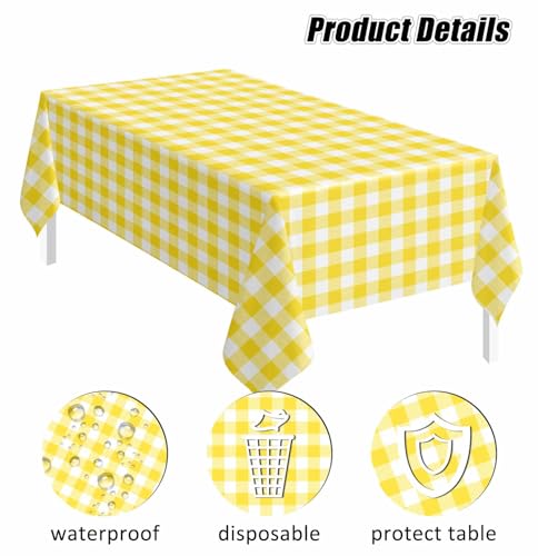 Image of SietDESEO 2 Pack Yellow Gingham Tablecloth Rectangle 54 x 108 Yellow and White Checkered Table Cloth Disposable Plaid Table Cover Plastic for Birthday Baby Shower Picnic Wedding Party Supplies