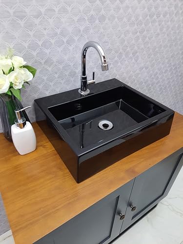 Cuba Pia de Banheiro Magnólia Preta Retangular em Mármore Sintético para Sobrepor