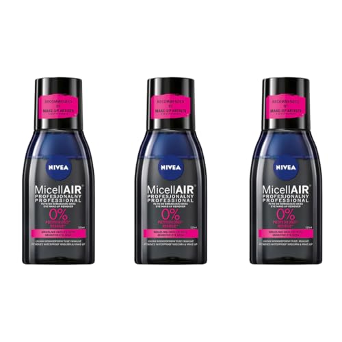 NIVEA MicellAir Skin Breathe Eye Makeup Remover 125ml – Removes Waterproof Mascara – Micellar Water with Black Tea & Dry Oil – Gentle Formula for Sensitive Eyes, Pack of 3
