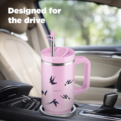 Image of MILTON Malmo 1200 Thermosteel Double Wall Vacuum Insulated Stainless Steel Tumbler with Handle 1100ml, Travel Mug with Straw,Silicon Cap,Cleaning Brush,Hot & Cold Beverage Flask,Birds Pink