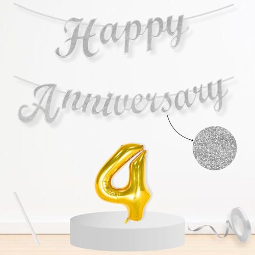 Image of Flyloons 4th Happy Anniversary Banner Silver Decorations Kit for Men Women Wedding Anniversary Banner Items without Balloons