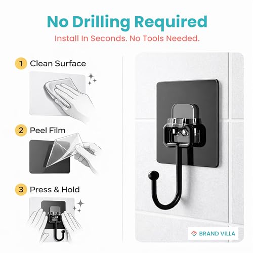 Image of BRAND VILLA Black Adhesive Wall Hooks Pack of 10 - Heavy Duty No Drill Sticky Hooks for Bathroom, Kitchen & Door - Waterproof Stainless Steel Towel & Coat Holder - Strong Self Adhesive Hooks