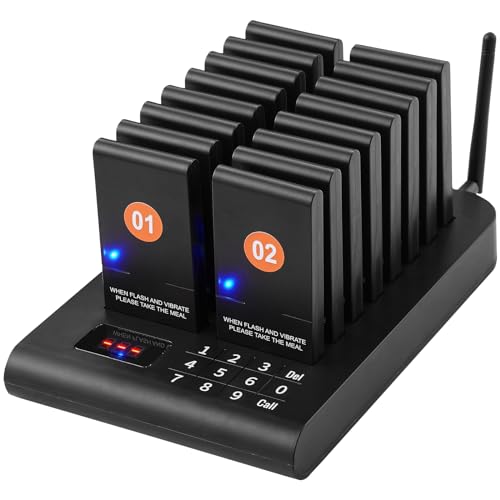 VEVOR Restaurant Pager System, Wireless 500m Long Range Lineup Waiting Queue Signal, Guest Customer Calling Beepers with Vibration &amp; Flashing, 16 Buzzers for Food Truck, Church, Nursery, Hospital