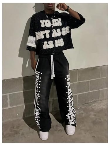 Men's Gothic Y2K Sweatpants Wide Leg Letter Graphic Track Pants Drawstring Waist Sports Trousers3