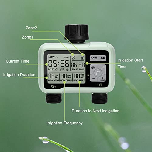 Image of Pinolex Sprinkler Digital Water Timer 2 Zone for Garden Farming Plants Hose Faucet Outlet Programmable Home Irrigation Taps System Controller with Child Lock Mode Auto & Manual Off Rain Delay