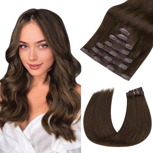 hotbanana Extensiones de clip sin costura Echthaar, marrón chocolate Remy Extensiones de clip Echthaar económicas Extensión de cabello Echthaar Seamless PU Extensiones de cabello 50cm 115g 10 piezas