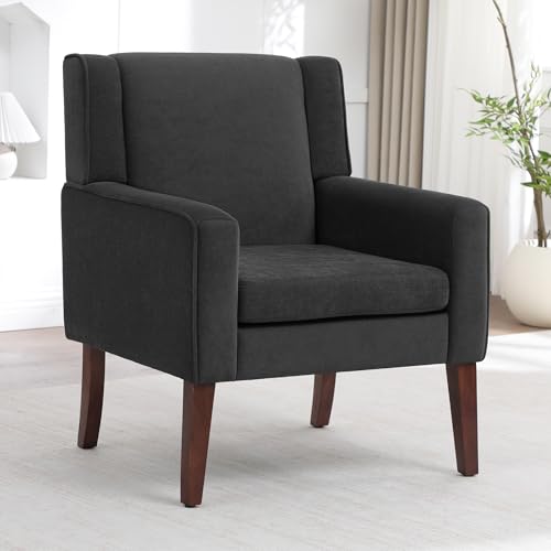 Image of Accent Chairs for Living Room, Mid-Century Reading Chair with Wood Legs, Upholstered Comfy Living Room Chair for Bedroom, Apartment, Waiting Room, Dark Grey