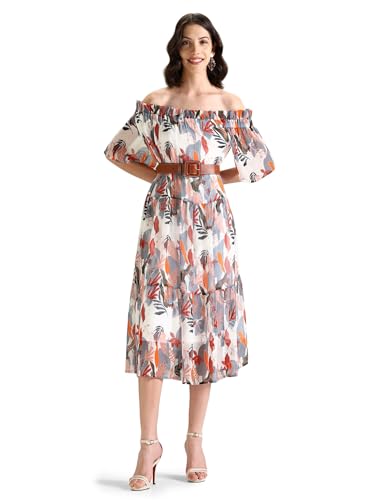 U.S. POLO ASSN. Women's Polyester A-Line Midi Casual Dress (UWSS24DRS132_White, Grey and Red