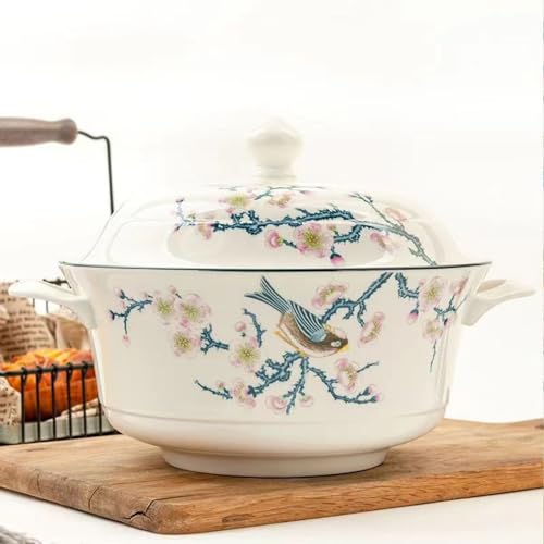 FROOWAN Bone China Serving Soup Bowl with Lid Set, 2700ml Large Ceramic Serving Tureen with Cover for Parties Eating Entertaining Home Decor, 95oz, Microwave & Oven Safe, Porcelain