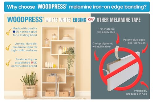 Image of WoodPress 3 inch Matt White Melamine Iron-On Edging - 25 ft Edge Tape - Pre-Glued Veneer Strip for Easy DIY - Edge Banding for Furniture Repair - Hot-Melt Backed Trim for Worktop, Shelf, Desk, Cabinet