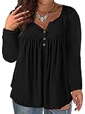 VISLILY Women's Plus Size V Neck Long Sleeve Henley Shirts Pleated Tunic Tops Black 24W