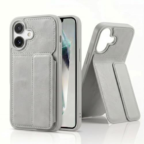 Image of amazon basics Luxury Vegan Leather Back Cover for iPhone 16 | Built-in Card Holder Slot | Integrated Mobile Stand | Slim Shockproof Protective Case with Stitched Finish - Gray