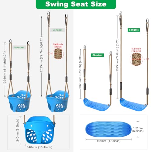 Image of SELEWARE Blue Toddler Swing Set - Heavy-Duty High Back Full Bucket Toddler Swing Seat & Kids Tree Swing with Adjustable Ropes, Backyard Playground Swing Set Accessories for Kids, Indoor /Outdoor Use