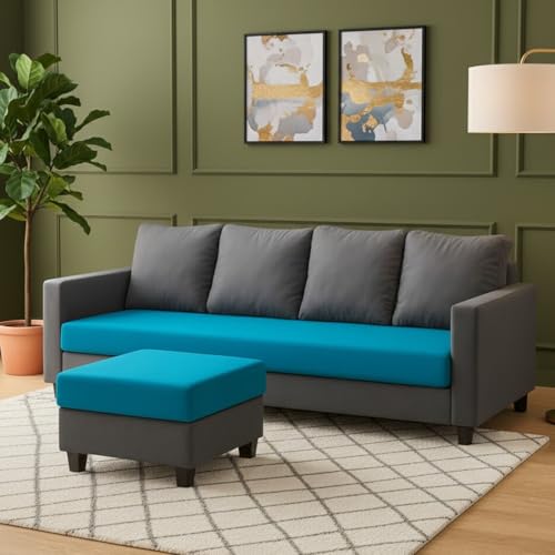 Image of Furny Auray 4 Seater Fabric Sofa Set with Ottoman (Aqua Blue-Dark Grey)