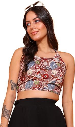 Image of Yash Gallery Women's Regular Fit Cotton Geomatrical Handblock Printed Freesize Backless Sleeveless Blouse