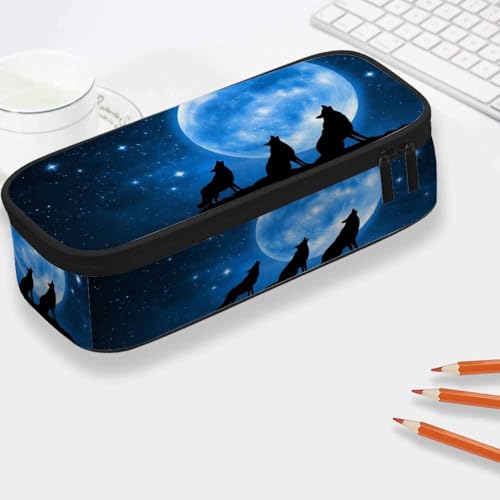 Image of Yekiua Wolf Pen Bag Mountain Wolves Full Moon Starry Sky Large Pencil Case Big Capacity Pencil Pouch Pencil Holder