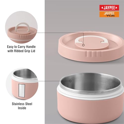 Image of Jaypee Plus Snackpac Airtight Leakproof Container 400 ml Lunch Box for School, Office, Ideal for Snacks and Meal, Keeps Food Hot & Fresh Inner Stainless Steel Easy to Carry Handle, Sanitary Pink
