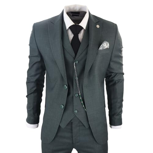 Mens Classic 3 Piece Suit Olive Green Pocket Chain Wedding Tailored Fit Vintage Formal4