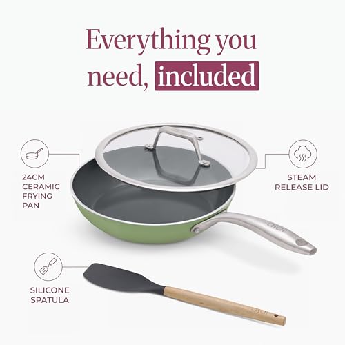 Image of Asai Ceramic Pan for Cooking 24cm Swiss Non-Stick Frying Pan with Lid | Green | Lab-Tested | 100% Toxin Free | No PFAS, PFOA, PTFE | Superior Swiss Ceramic | Induction Safe │ ISI & FDA Approved