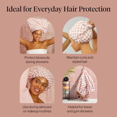 Image of Kitsch Luxury Satin-Lined Flexi Shower Cap for Women - Terracotta Checker | Shower Caps for Women Reusable Waterproof - Non-slip, Comfortable Quick-dry Hair Shower Cap for All Hair Types