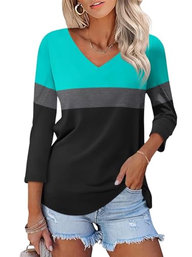 ORANDESIGNE Women's 3/4 Sleeves V Neck T Shirts Color Block Casual Summer Tops Fashion Loose Shirts Tees